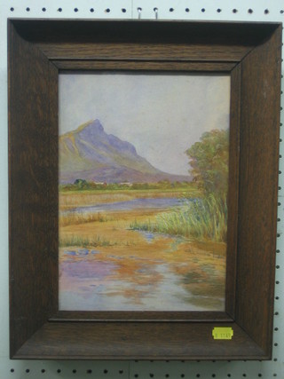 Watercolour drawing "Mount Scene with River and Buildings in Distance" 11" x 8" contained in an oak frame