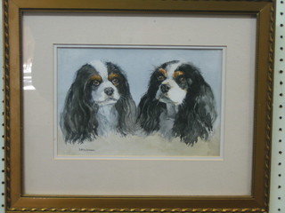 S A Warren, watercolour head and shoulders portrait "Two King Charles Spaniels" 7" x 10"