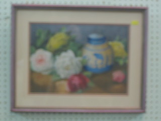 Watercolour drawing "Study of a Ginger Jar with Roses" 9" x 13" indistinctly signed