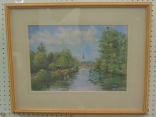 Joan Johnson, oil on board "Chichester Canal, Cathedral in Distance" 10" x 14 1/2"