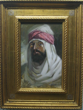 M Lesl?, oil on board, head and shoulders portrait "Arab Chieftain" 13" x 8"