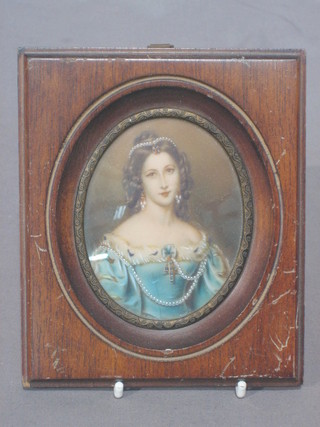 A head and shoulders portrait miniature of an 18th Century lady 3" oval