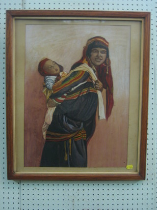 Eastern watercolour drawing "Standing Mother with Child" 20" x 15"