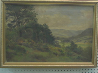 A 20th Century oil on canvas "Rural Scene with River in Distance" 13" x 21" indistinctly signed