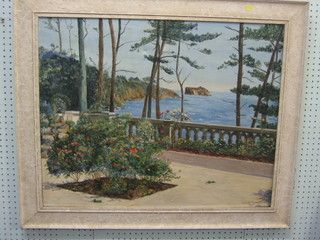 Dudley  Hobbs, oil on canvas "Mediterranean Scene with Terrace, Sea in Distance" 23" x 30"