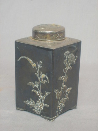An Eastern white metal square tea caddy, the base with character marks 4"