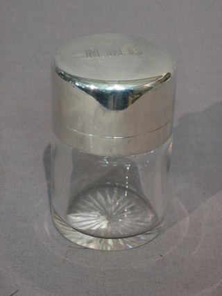 A Victorian cylindrical glass dressing table jar with hinged lid and glass stopper, London 1897