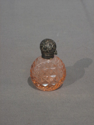 A pink tinted cut glass scent bottle with silver collar Birmingham 1912