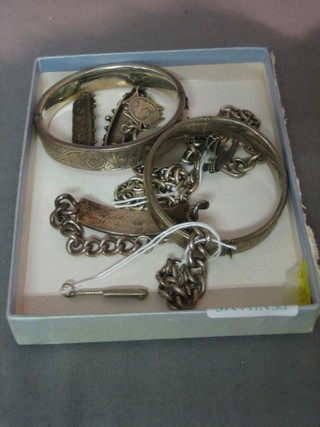A silver identity bracelet, 2 silver bracelets, a silver curb link watch chain etc