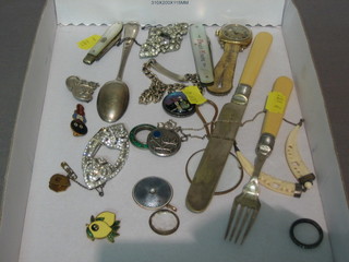 A Waltham gold cased wristwatch, a silver bladed fruit knife, 1 other fruit knife, a silver identity bracelet and a small collection of costume jewellery