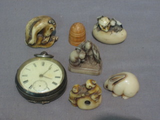 A silver cased pocket watch (f), 5 reproduction Netsukes and a wooden thimble