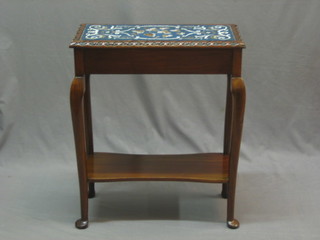 A Victorian rectangular carved mahogany 2 tier tea table with bead work top, carved decoration, raised on cabriole supports 23"