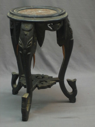 A 19th Century ebonised jardiniere stand with red veined marble top 25" (some old worm)