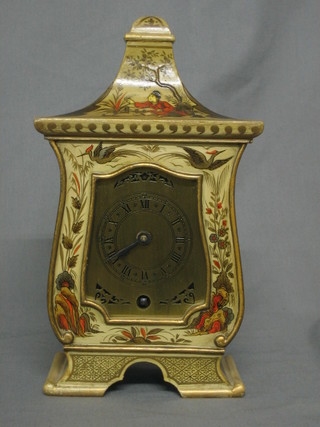 A mantel clock with carriage clock movement having a gilt dial and contained in a white lacquered chinoiserie case