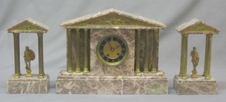 A 19th Century French 3 piece architectural clock garniture comprising striking mantel clock and 2 side pieces, contained in Portico style pink marble cases