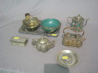 An Oriental metal iron, a rectangular metal antimony tray, 3 small metal teapots, a green hardstone bowl with gilt metal mounts, a small trinket box and a small dish
