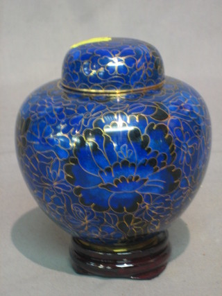 A 20th Century blue ground cloisonne enamelled ginger jar and cover 5"
