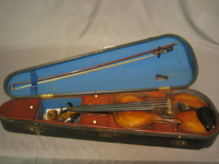 A violin with 2 piece back 13 1/2" with label marked Jacobus Stainer Abfam Prope Opempontum 1734 together with a bow marked Vuillaume