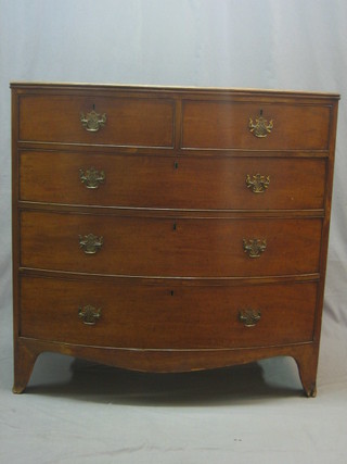 A Georgian mahogany bow front chest with cross-banded top, fitted 2 short and 3 long drawers with brass swan neck drop handles, raised on bracket feet 42"