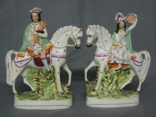 A pair of Staffordshire figures mounted Scots Lady and Gentleman musician 11" (some crazing)