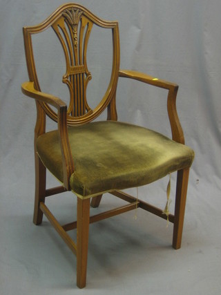 A Hepplewhite style, bleached mahogany carver chair with H framed stretcher and upholstered seat