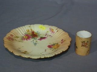 A Worcester Royal China Works cylindrical vase (chips to rim) 2 1/2" and a circular Royal Worcester plate with blush ivory ground and floral decoration, marked to the back with 8 dots and 1416, 8"