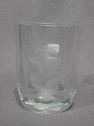 An oval etched Continental Art Glass vase decorated a galleon in full sail