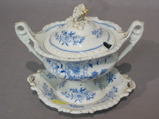 A 19th Century blue and white stone china sauce tureen and stand, the base marked Stone China JNWR 8"