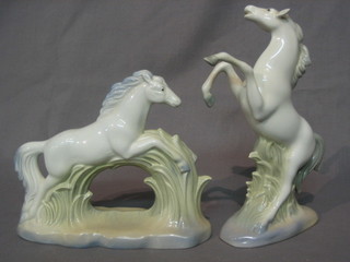 A Spanish porcelain figure of  a rearing horse 8" and 1 other of a running horse (2)