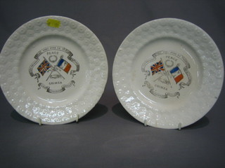 2 Victorian pottery plates decorated crossed tricolours and Union Flag, marked God Save the Queen May They Ever Be United 8"