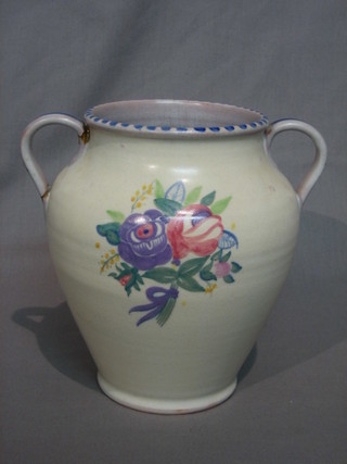 A circular twin handled Poole Pottery vase, the base impressed Poole (chip to base, handle f) 7"