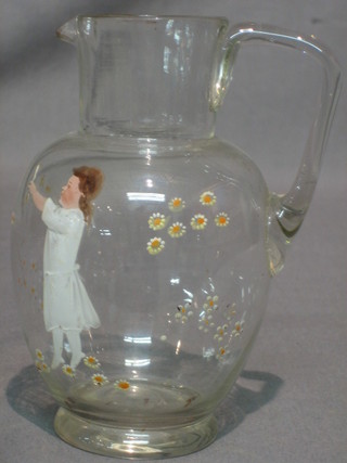 A Mary Gregory style clear glass jug decorated a figure of a standing girl with daises 6"