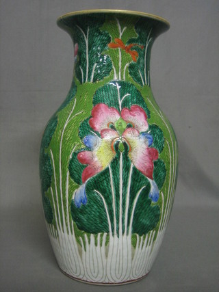 An Oriental famille vert  porcelain club shaped vase with floral decoration 14" (star crack to the base)