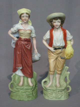 A pair of 19th Century biscuit porcelain figures - farmer and farmer's wife 10"