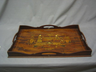An Edwardian rectangular inlaid mahogany tea tray decorated Oriental figures 23"