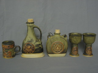 A Tremar pottery wine flask 9", a ditto pottery pilgrims water bottle 6", 2 goblets and a mug