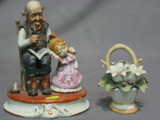 A Capo di Monte figure of a seated elderly gentleman and child 6" and ditto posy