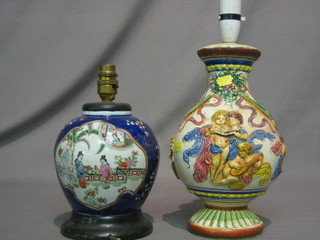 An Oriental style globular shaped pottery table lamp and an Italian pottery table lamp