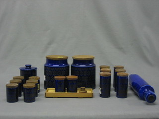 15 various Hornsea blue glazed pottery storage jars together with a similar condiment set and rolling pin