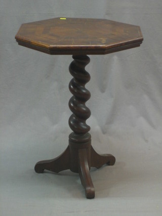 A Victorian octagonal oak and parquetry wine table, raised on spiral turned column supports 19"