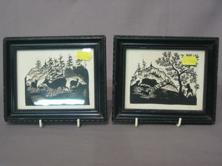 Seherenschnitt, a pair of Continental wood cuts "Wild Boar Hunting and Deer Amidst Forest" 3" x 4"