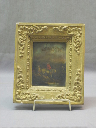 An 18th/19th Century oil painting on board "Figure Riding a Horse" the back with label marked Mountain? 5" x 4"