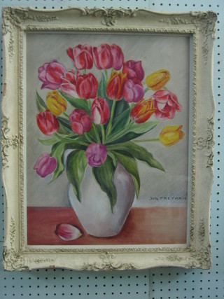 Sig Freyhan, watercolour, still life study, "Vase of Tulips" 19" x 14" the reverse with Gadwell & Co label