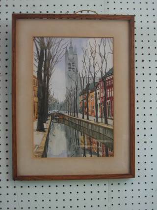 A F Hew, watercolour "Dutch Canal Scene with Church and Trees" 12" x 8 1/2"