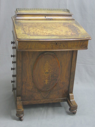 A Victorian inlaid walnut Davenport with stationery box and pierced brass three-quarter gallery, the pedestal fitted 4 long drawers 21"