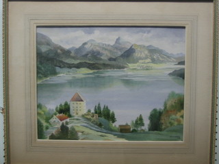 Jack Carter, watercolour drawing "Italian Lake Scene with Mountains in Distance and Buildings" signed Jack Carter 55 12" x 14 1/2"