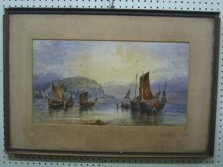 Watercolour drawing "Harbour Scene with Beached Fishing Boats" 10" x 18" monogrammed EFD