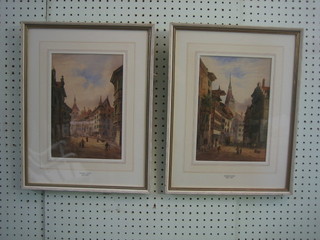Lennard Lewis, a pair of 19th Century watercolour drawings "Town Scenes with Figures" signed 10" x 7"
