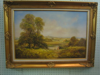 Diper, modern oil on canvas "Rural Scene with Figures and Lane by a  River" 19" x 29 1/2"