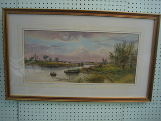 L Lewis, Victorian watercolour drawing "River Scene with Figures Walking" signed and dated 1888 9" x 20"
